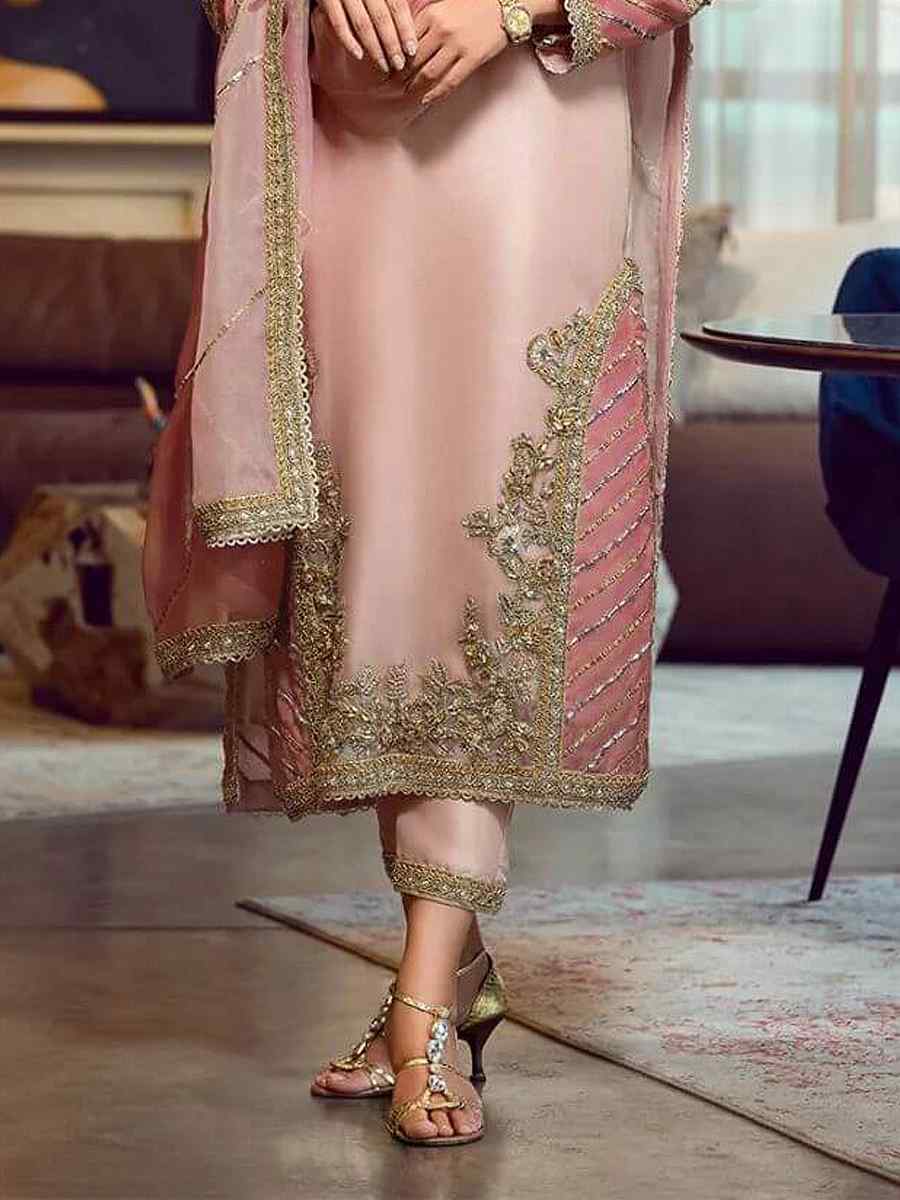 Peach Faux Georgette Embroidered Festival Wedding Pant Salwar Kameez