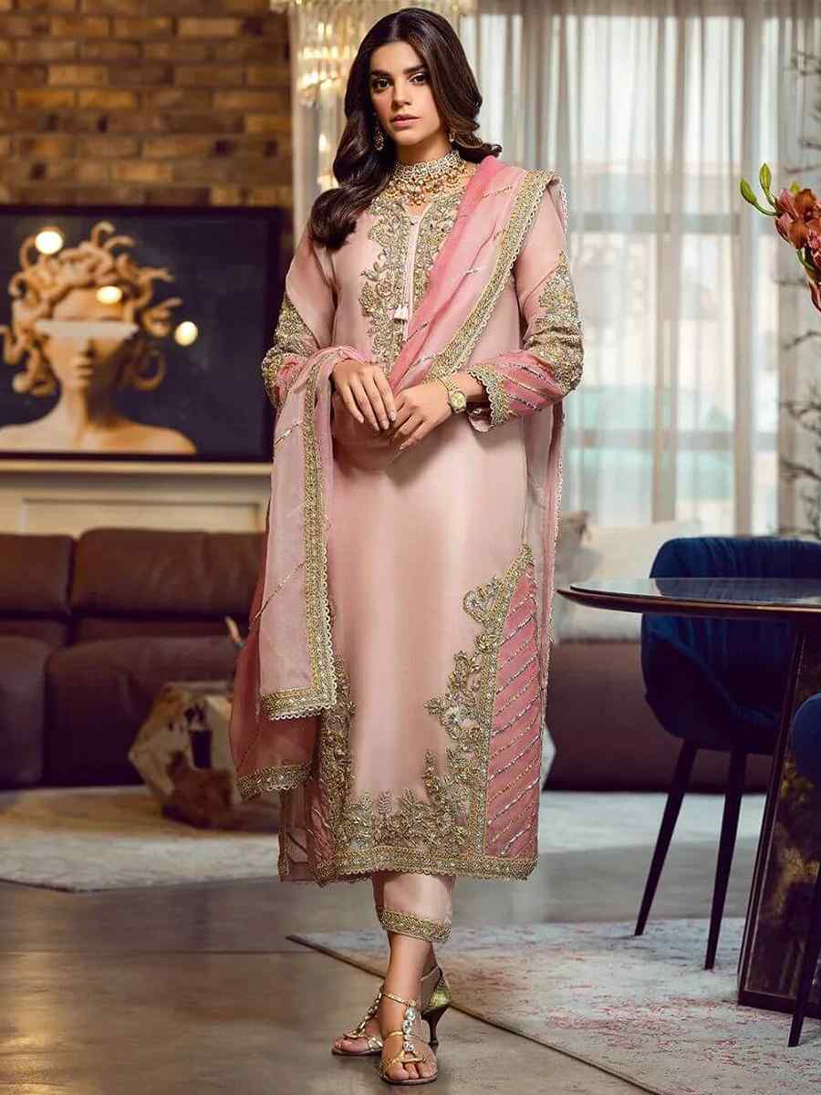Peach Faux Georgette Embroidered Festival Wedding Pant Salwar Kameez