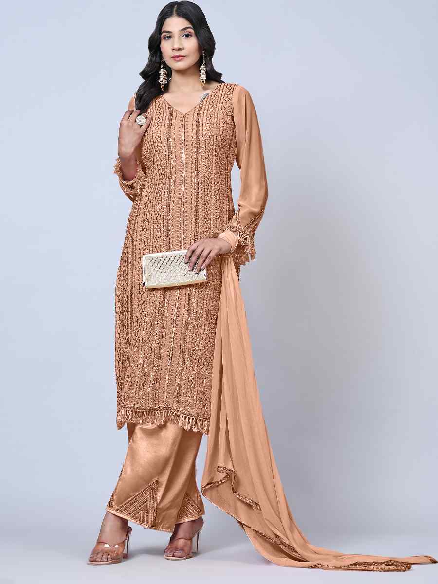 Peach Faux Georgette Embroidered Festival Wedding Pant Salwar Kameez