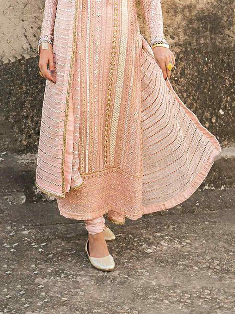 Peach Faux Georgette Embroidered Stone Mehendi Festival Churidar Salwar Kameez