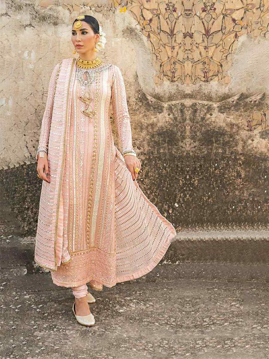 Peach Faux Georgette Embroidered Stone Mehendi Festival Churidar Salwar Kameez