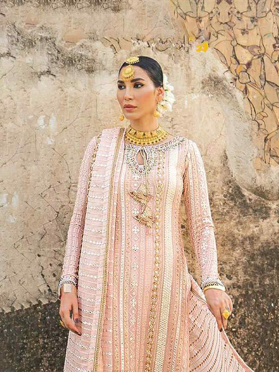 Peach Faux Georgette Embroidered Stone Mehendi Festival Churidar Salwar Kameez