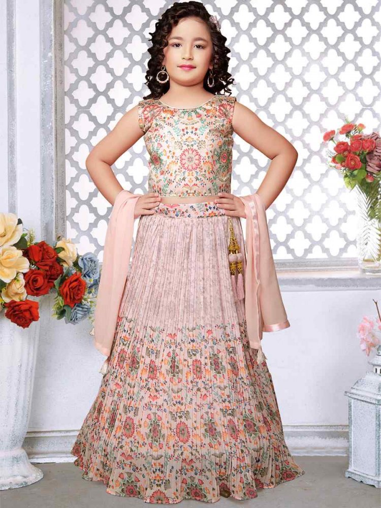 Peach Faux Georgette Embroidered Traditional Festival Lehengas Girls Wear