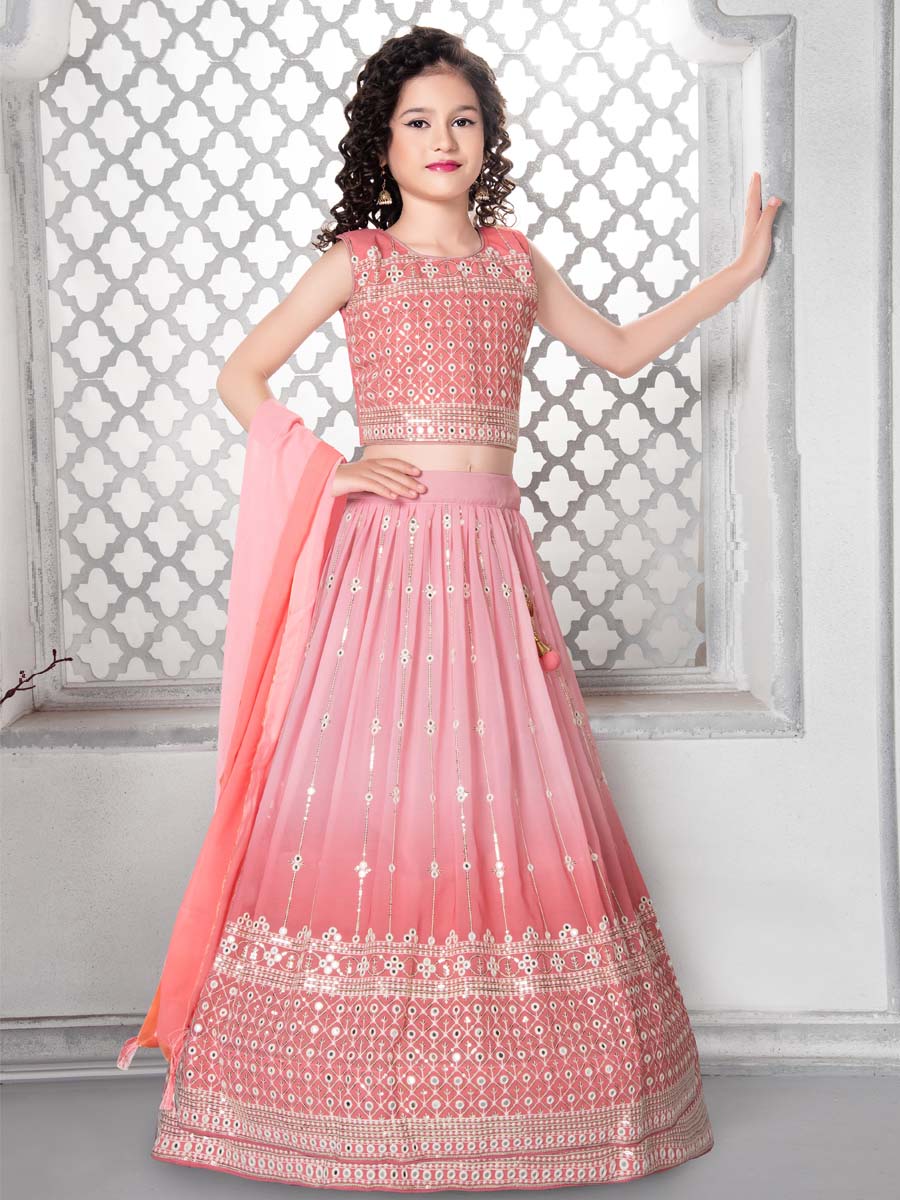 Peach Faux Georgette Embroidered Wedding Party Lehengas Girls Wear