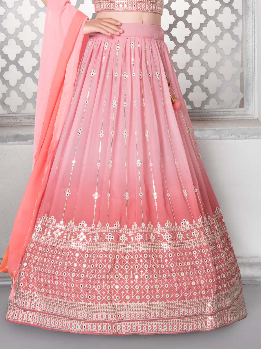 Peach Faux Georgette Embroidered Wedding Party Lehengas Girls Wear