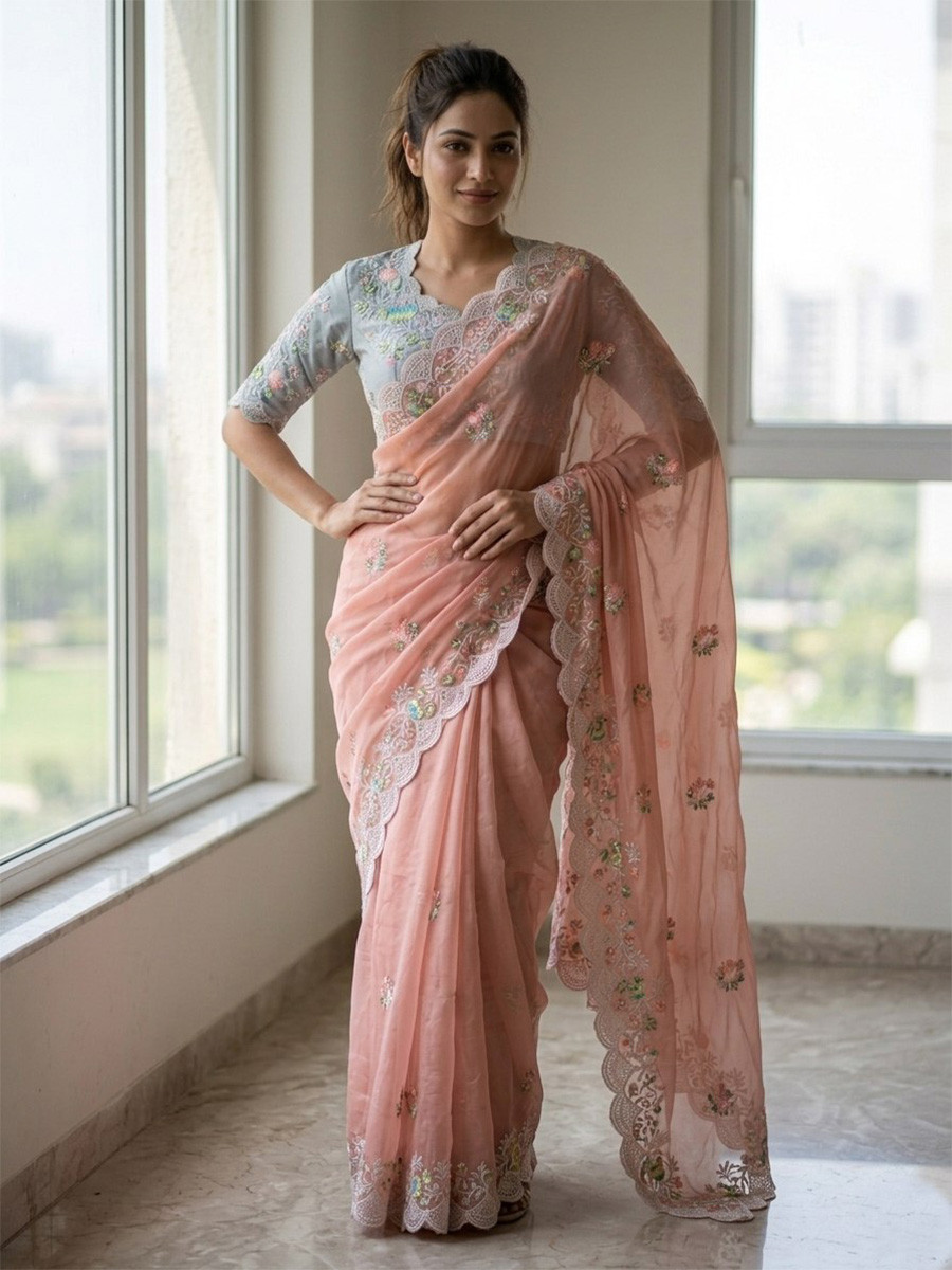 Peach Faux Georgette Embroidery Sequins Wedding Reception Party Festival Casual Heavy Border Sarees