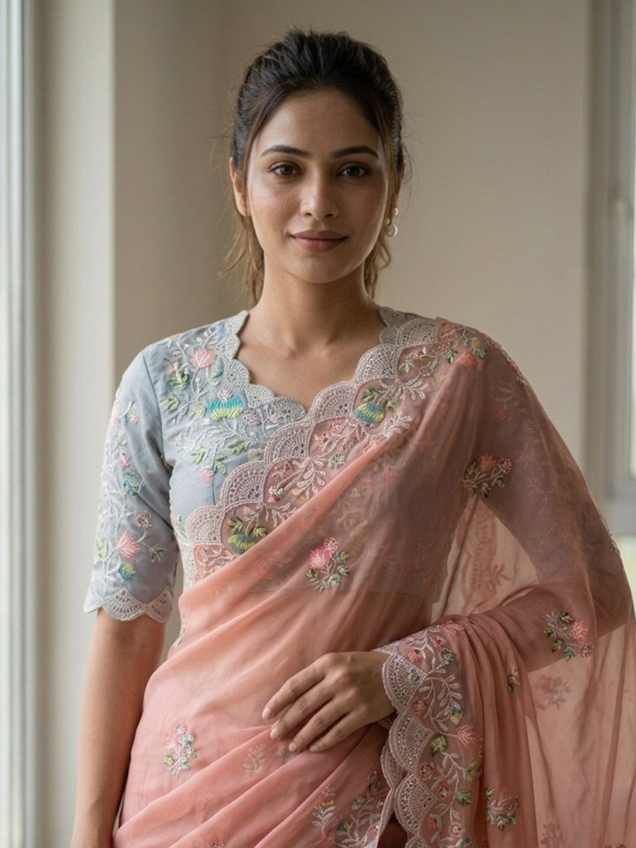Peach Faux Georgette Embroidery Sequins Wedding Reception Party Festival Casual Heavy Border Sarees