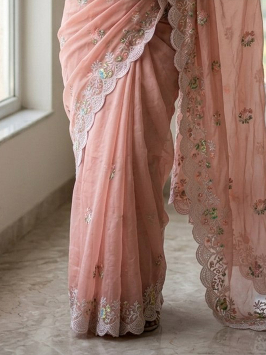 Peach Faux Georgette Embroidery Sequins Wedding Reception Party Festival Casual Heavy Border Sarees