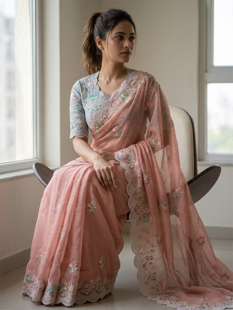 Peach Faux Georgette Embroidery Sequins Wedding Reception Party Festival Casual Heavy Border Sarees