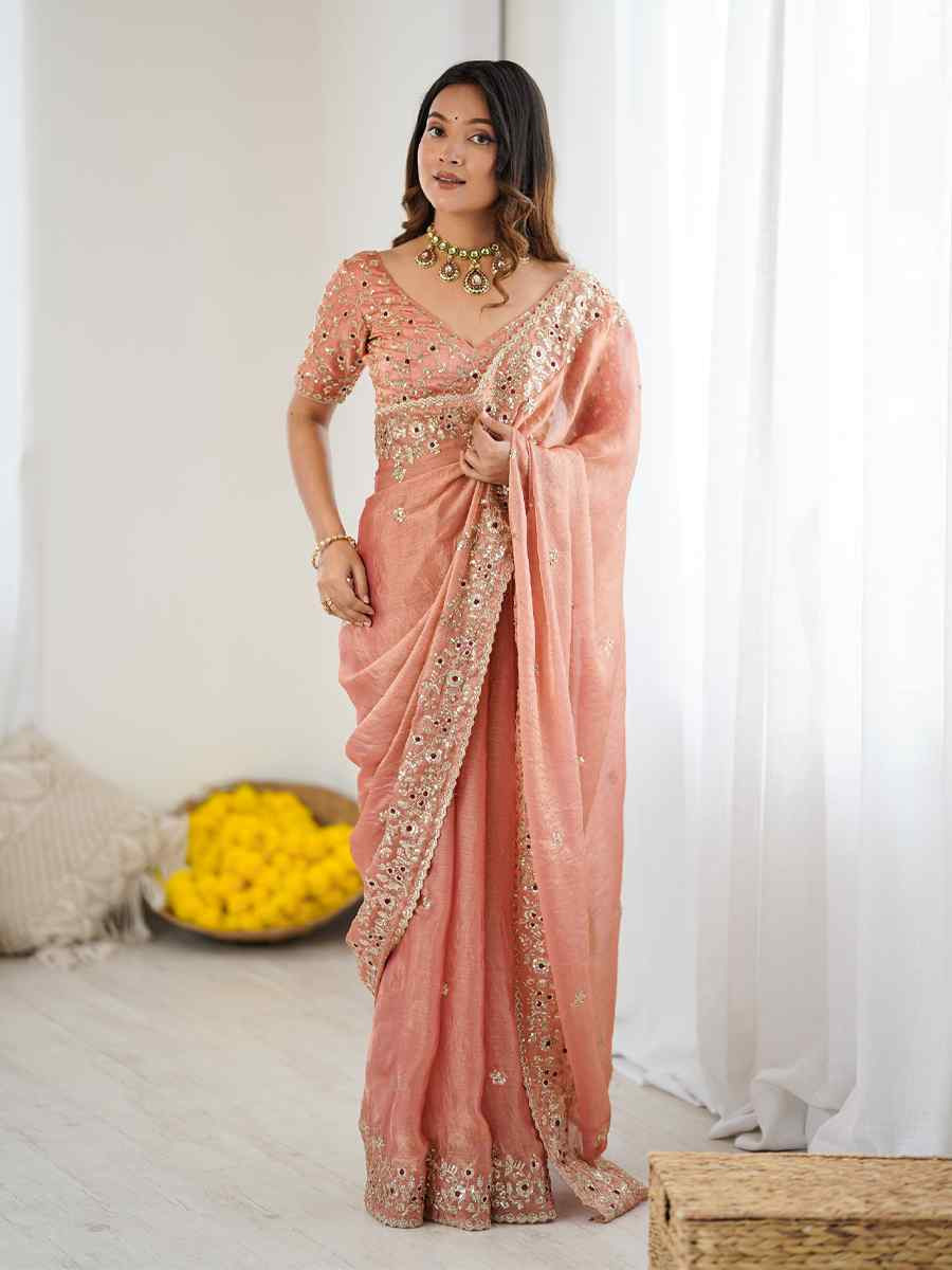 Peach Fendy Chiffon Embroidery Casual Reception Festival Wedding Fancy Heavy Border Sarees