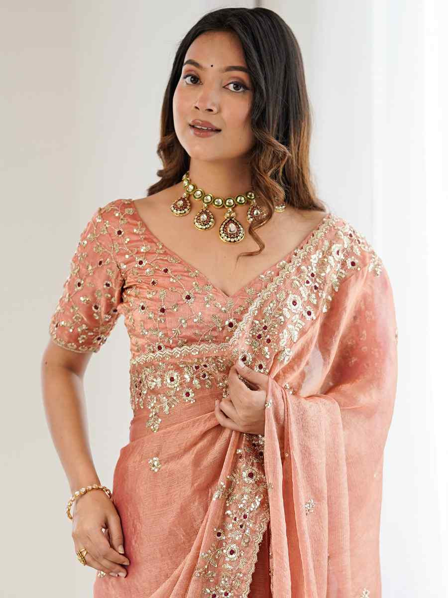 Peach Fendy Chiffon Embroidery Casual Reception Festival Wedding Fancy Heavy Border Sarees
