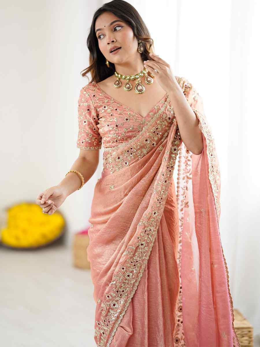 Peach Fendy Chiffon Embroidery Casual Reception Festival Wedding Fancy Heavy Border Sarees