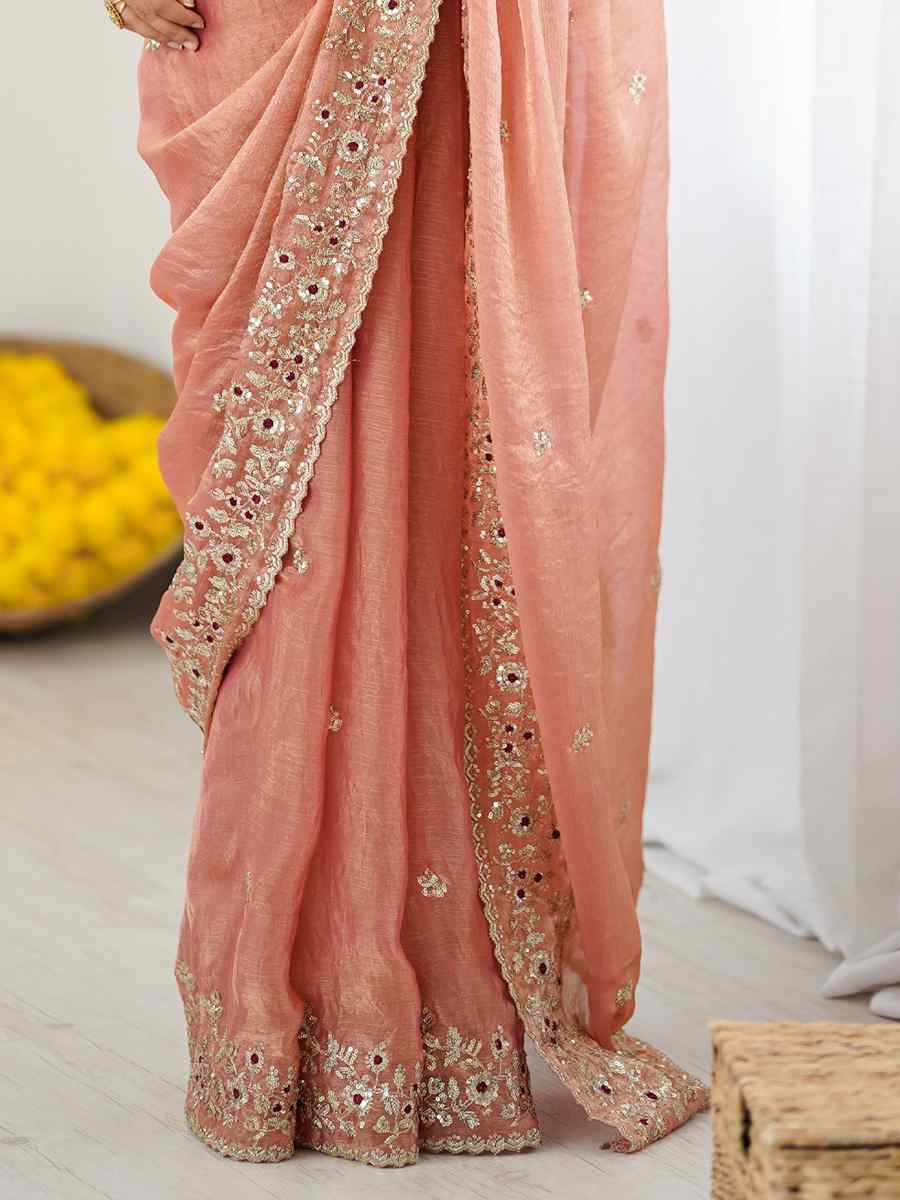 Peach Fendy Chiffon Embroidery Casual Reception Festival Wedding Fancy Heavy Border Sarees