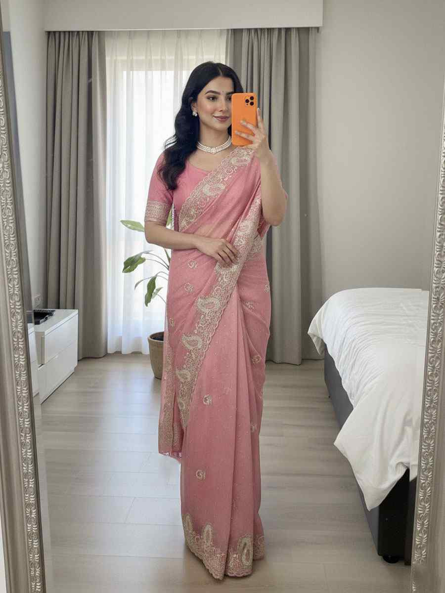 Peach Fendy Satin Silk Embroidery Casual Reception Festival Wedding Fancy Heavy Border Sarees