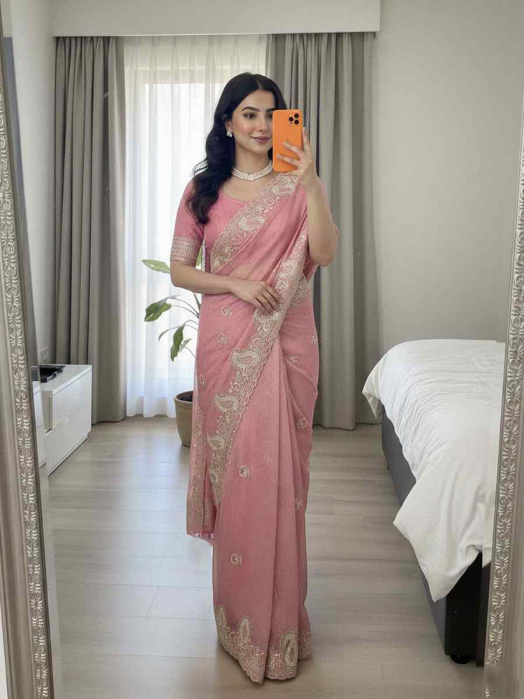 Image of Peach Fendy Satin Silk Embroidery Casual Reception Festival Wedding Fancy Heavy Border Sarees