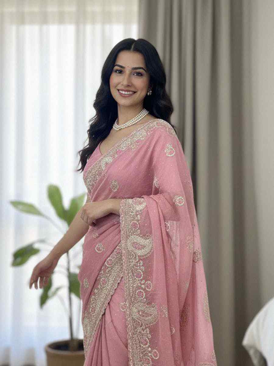 Peach Fendy Satin Silk Embroidery Casual Reception Festival Wedding Fancy Heavy Border Sarees