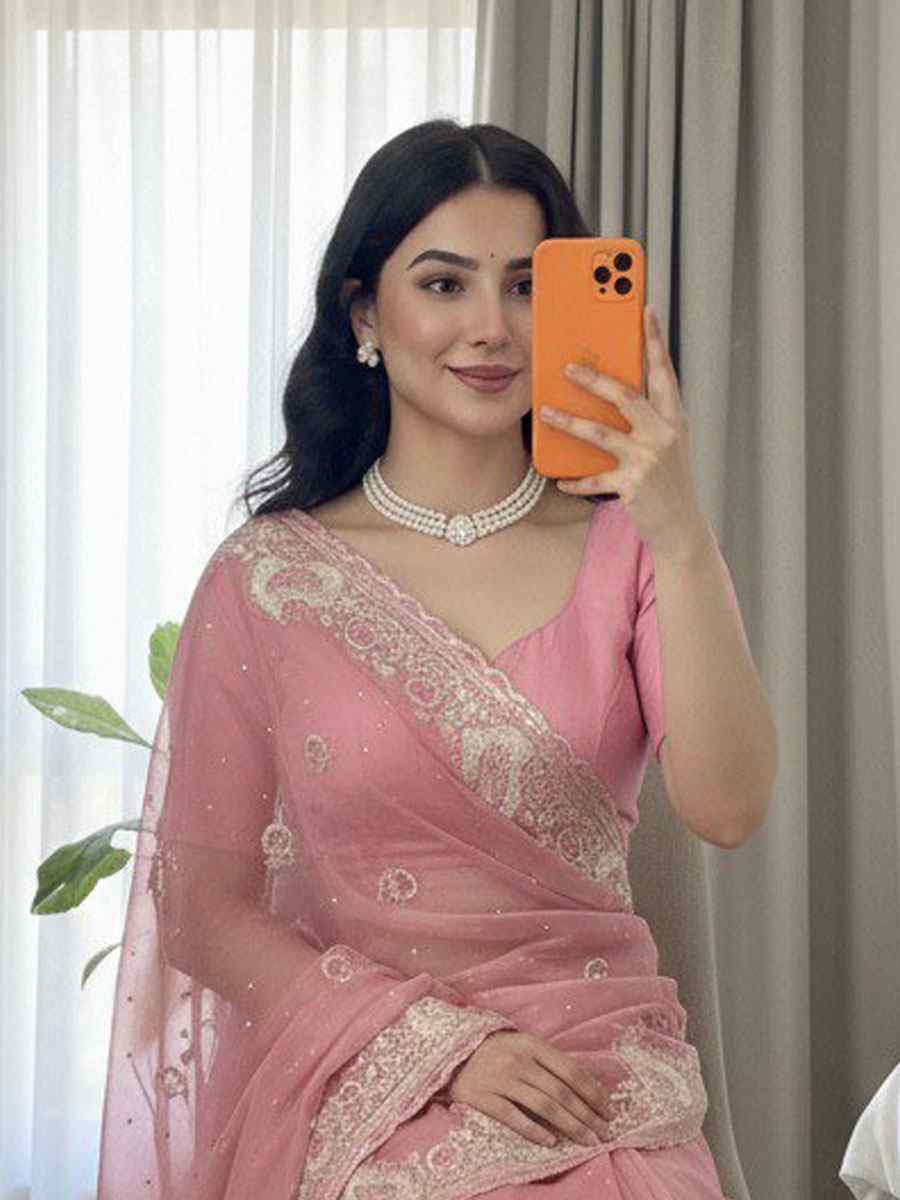 Peach Fendy Satin Silk Embroidery Casual Reception Festival Wedding Fancy Heavy Border Sarees