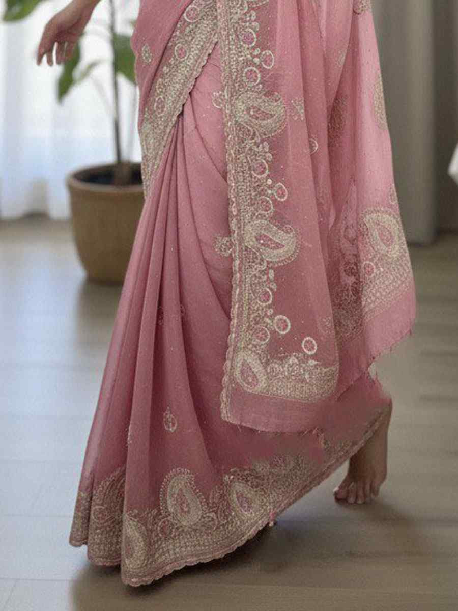 Peach Fendy Satin Silk Embroidery Casual Reception Festival Wedding Fancy Heavy Border Sarees