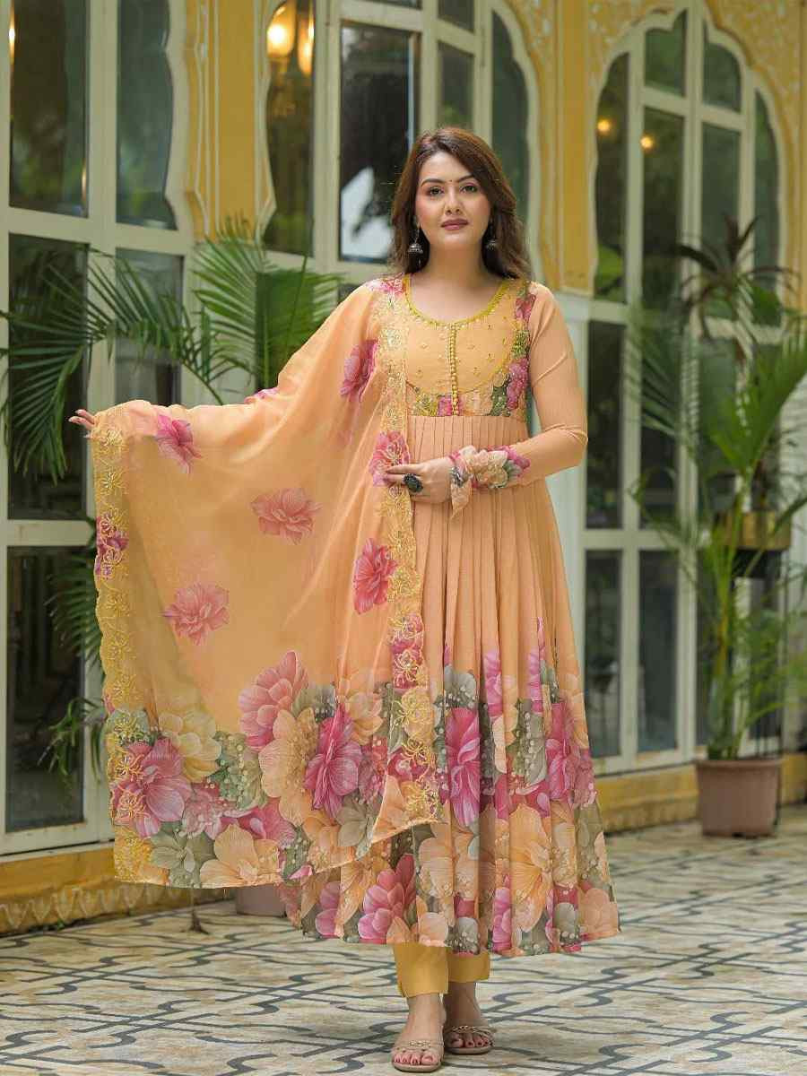 Peach Fox Georgette Embroidery Party Wedding Festival Casual Ready Anarkali Salwar Kameez