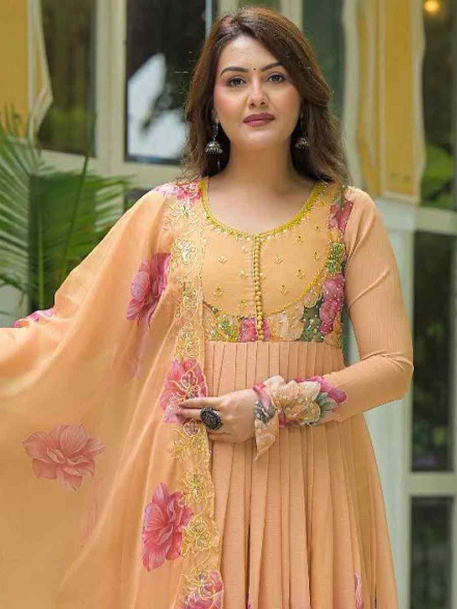 Peach Fox Georgette Embroidery Party Wedding Festival Casual Ready Anarkali Salwar Kameez