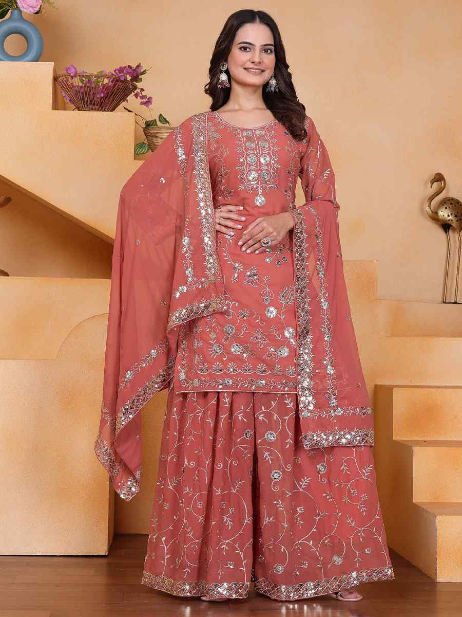 Peach Fox Georgette Embroidery Party Wedding Festival Casual Ready Palazzo Pant Salwar Kameez