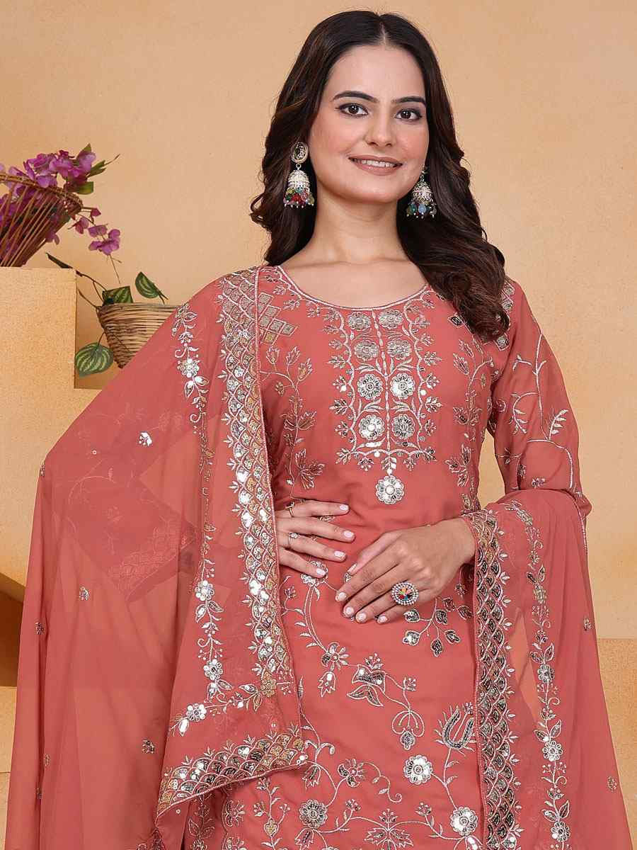 Peach Fox Georgette Embroidery Party Wedding Festival Casual Ready Palazzo Pant Salwar Kameez