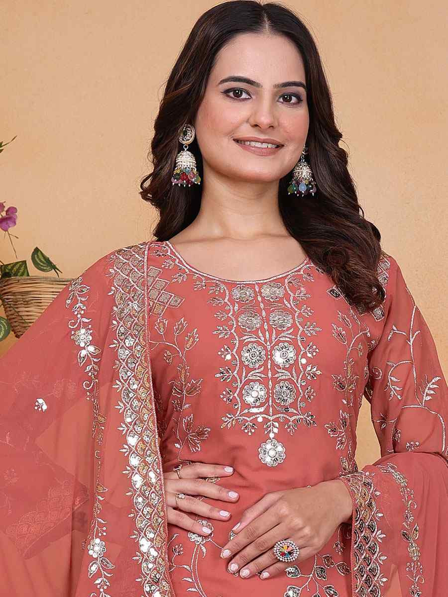 Peach Fox Georgette Embroidery Party Wedding Festival Casual Ready Palazzo Pant Salwar Kameez