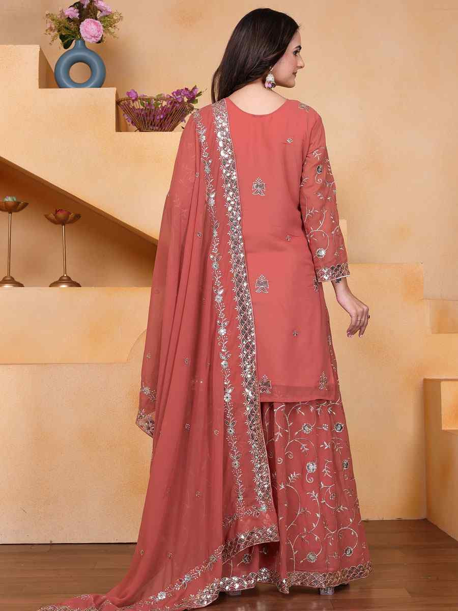 Peach Fox Georgette Embroidery Party Wedding Festival Casual Ready Palazzo Pant Salwar Kameez