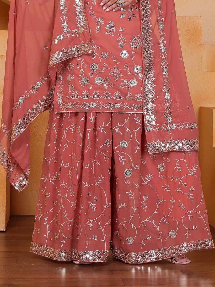Peach Fox Georgette Embroidery Party Wedding Festival Casual Ready Palazzo Pant Salwar Kameez