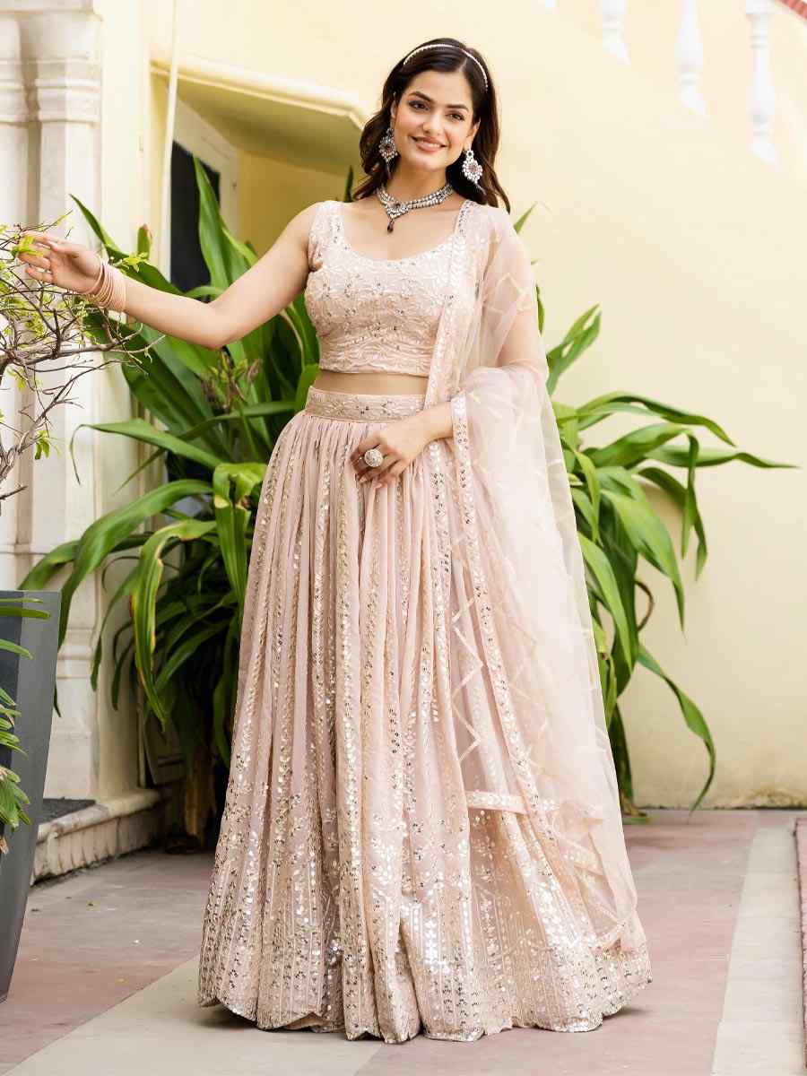 Peach Georgette Embroidered Wedding Reception Festival Heavy Border Lehenga Choli