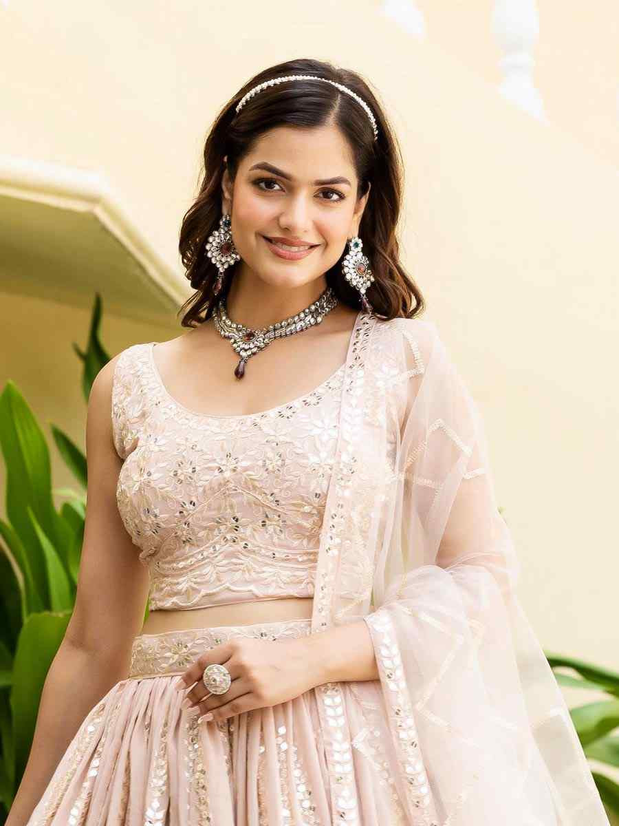 Peach Georgette Embroidered Wedding Reception Festival Heavy Border Lehenga Choli