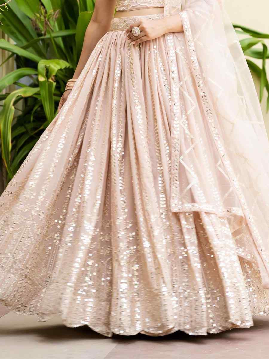 Peach Georgette Embroidered Wedding Reception Festival Heavy Border Lehenga Choli
