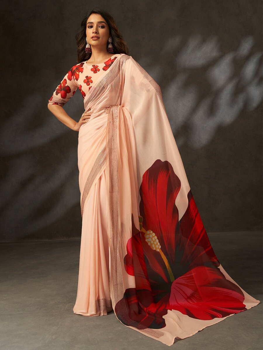 Peach Georgette Digital Printed Wedding Reception Party Festival Casual Heavy Border Sarees