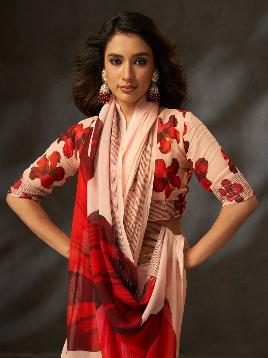 Peach Georgette Digital Printed Wedding Reception Party Festival Casual Heavy Border Sarees