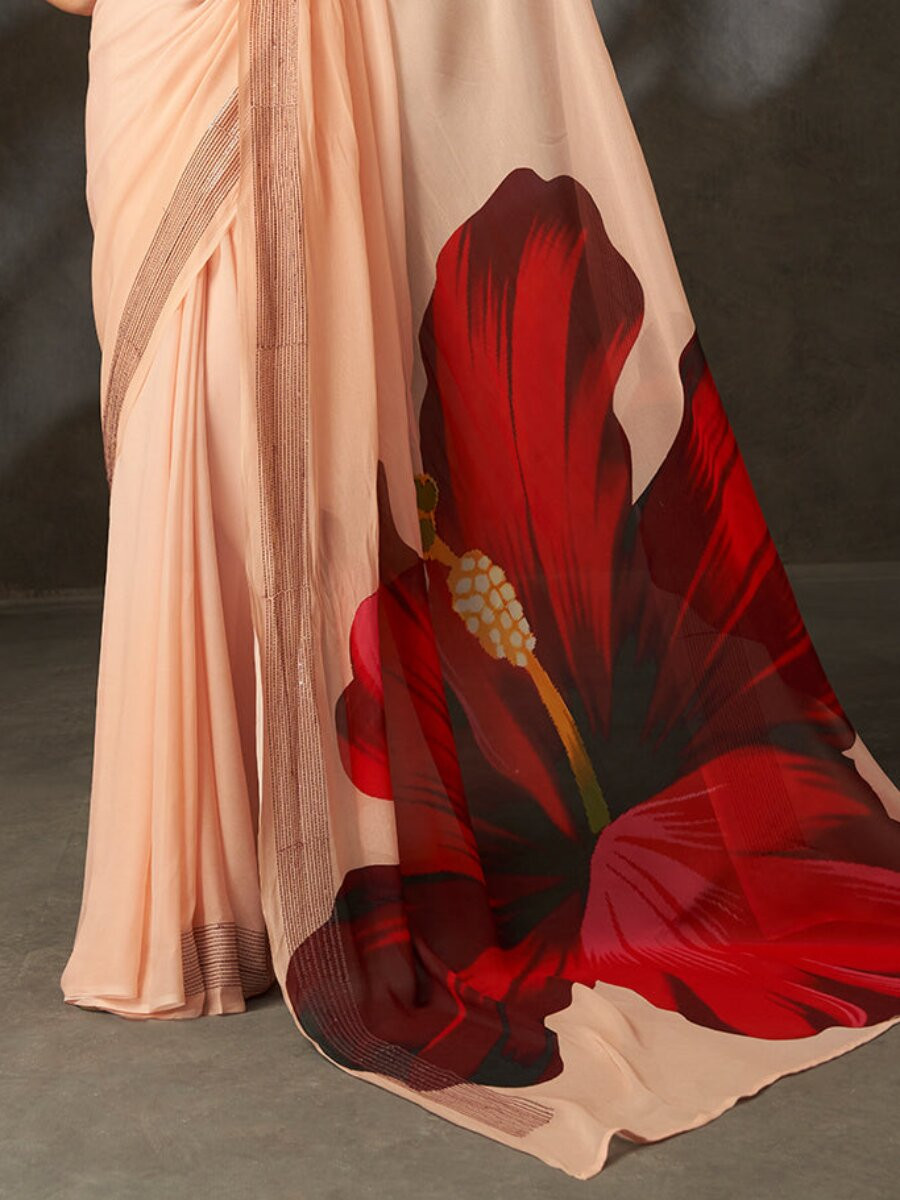 Peach Georgette Digital Printed Wedding Reception Party Festival Casual Heavy Border Sarees