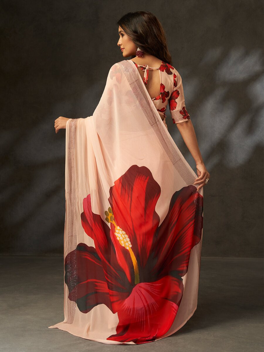 Peach Georgette Digital Printed Wedding Reception Party Festival Casual Heavy Border Sarees