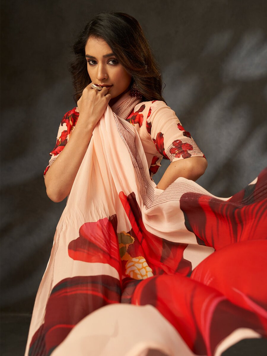 Peach Georgette Digital Printed Wedding Reception Party Festival Casual Heavy Border Sarees