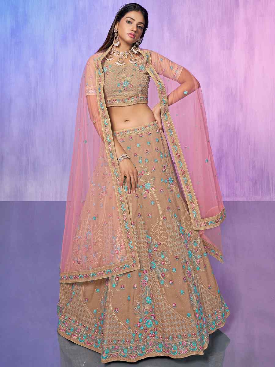 Peach Georgette Embroidered Bridal Reception Heavy Border Lehenga Choli