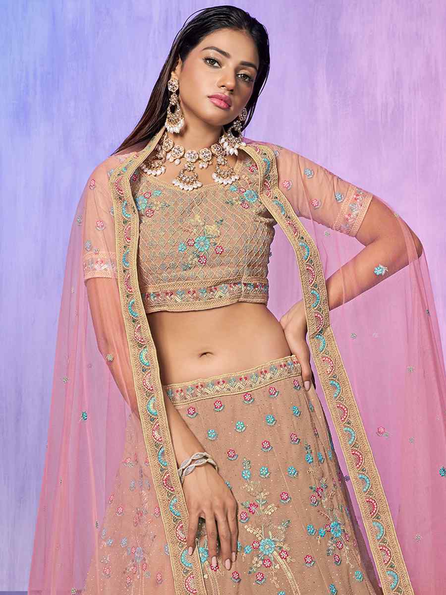 Peach Georgette Embroidered Bridal Reception Heavy Border Lehenga Choli