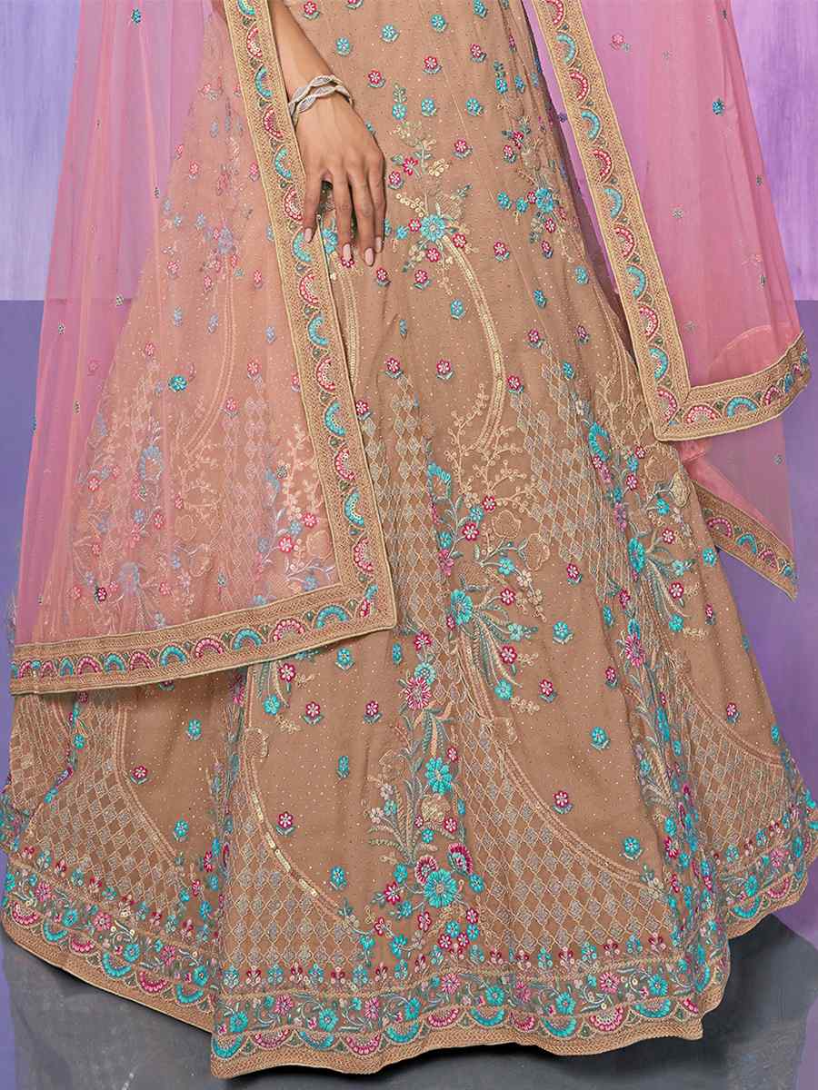 Peach Georgette Embroidered Bridal Reception Heavy Border Lehenga Choli