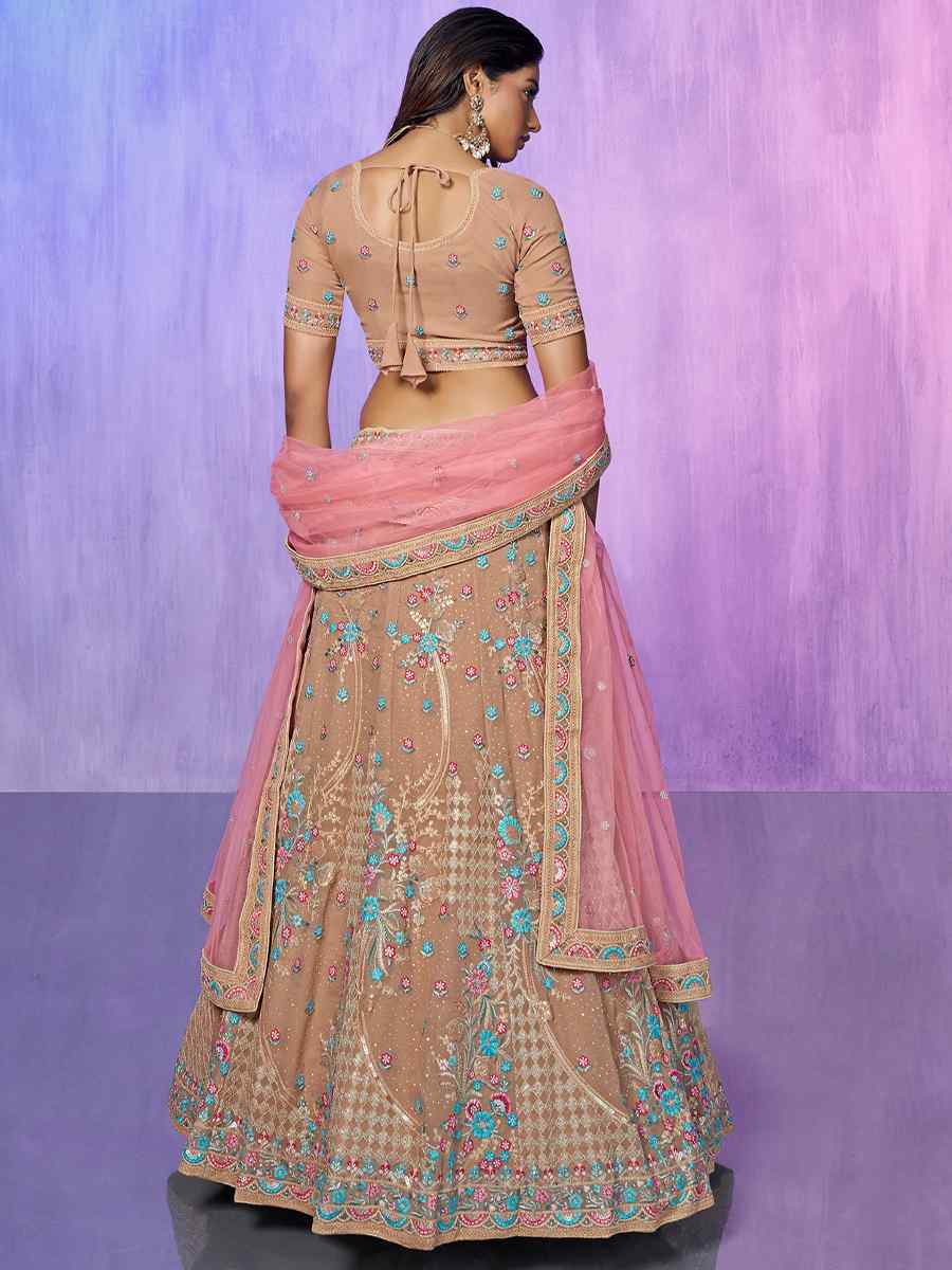 Peach Georgette Embroidered Bridal Reception Heavy Border Lehenga Choli
