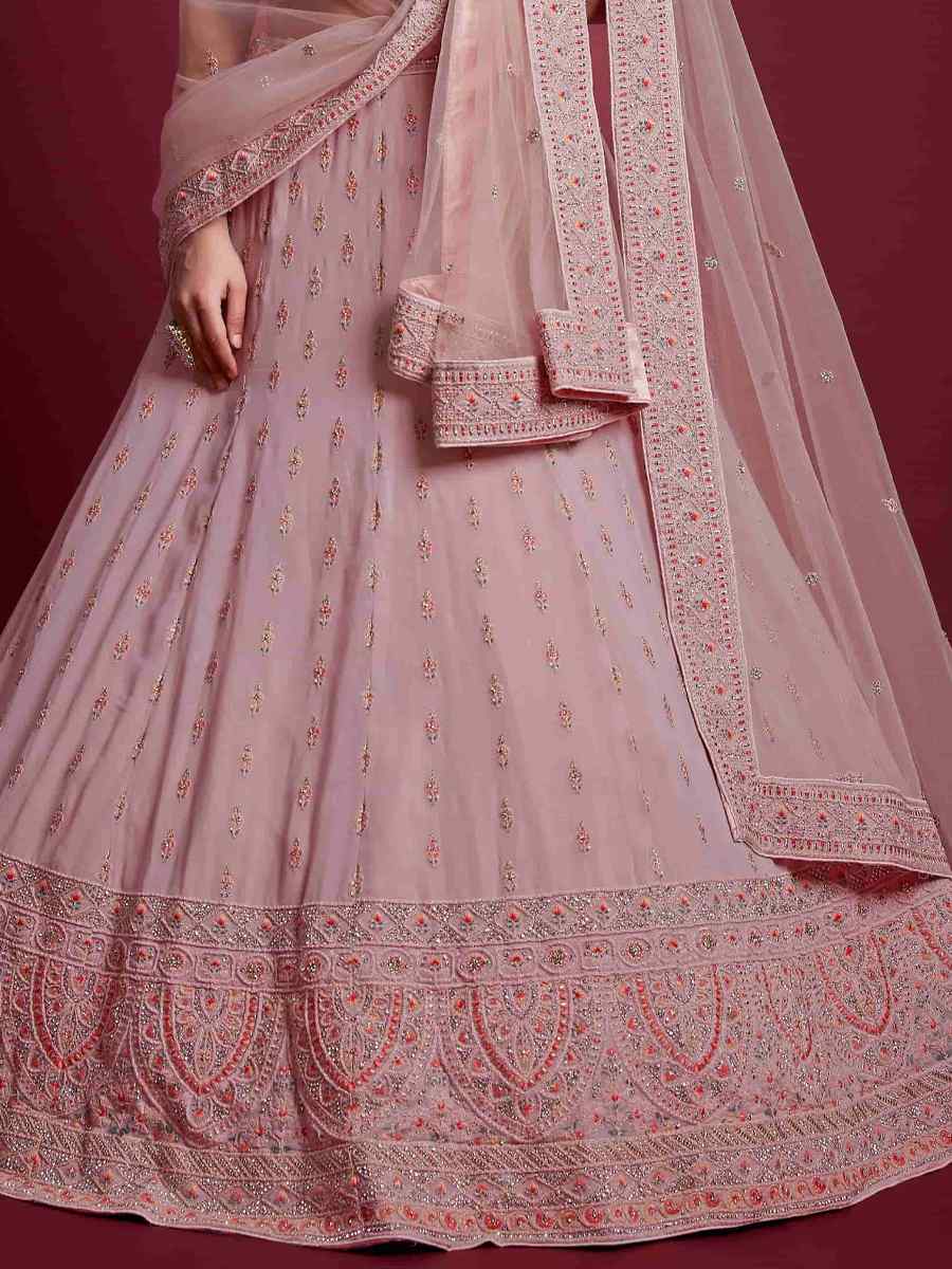 Peach Georgette Embroidered Bridal Wedding Heavy Border Lehenga Choli