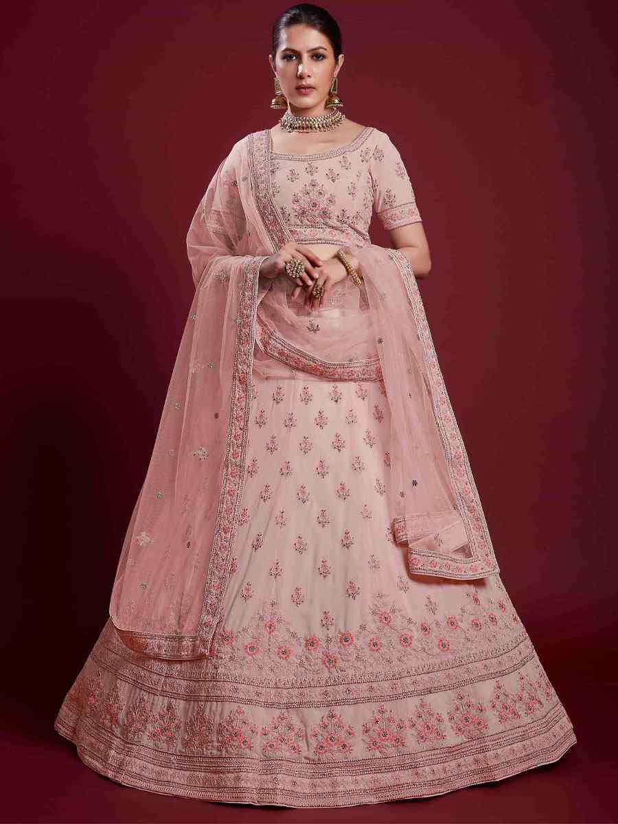 Peach Georgette Embroidered Bridal Wedding Heavy Border Lehenga Choli