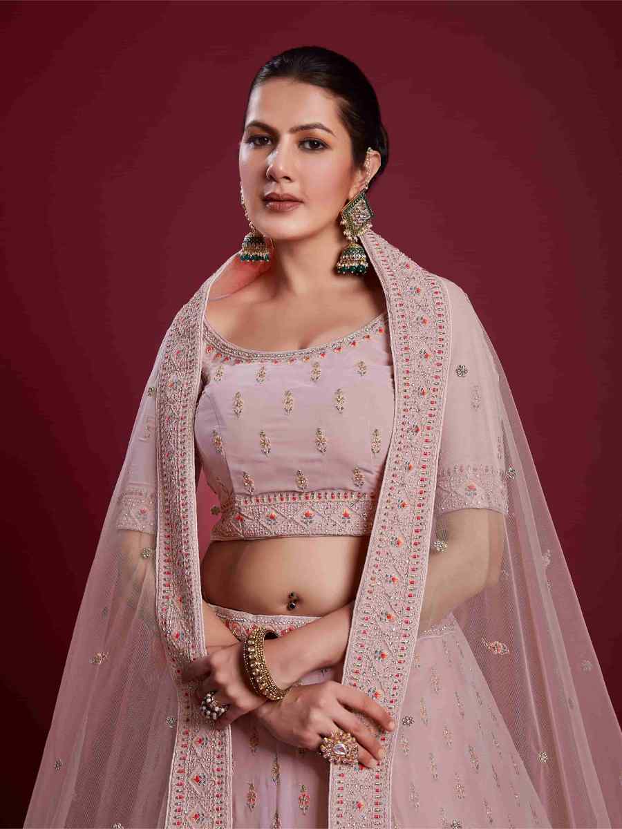 Peach Georgette Embroidered Bridal Wedding Heavy Border Lehenga Choli