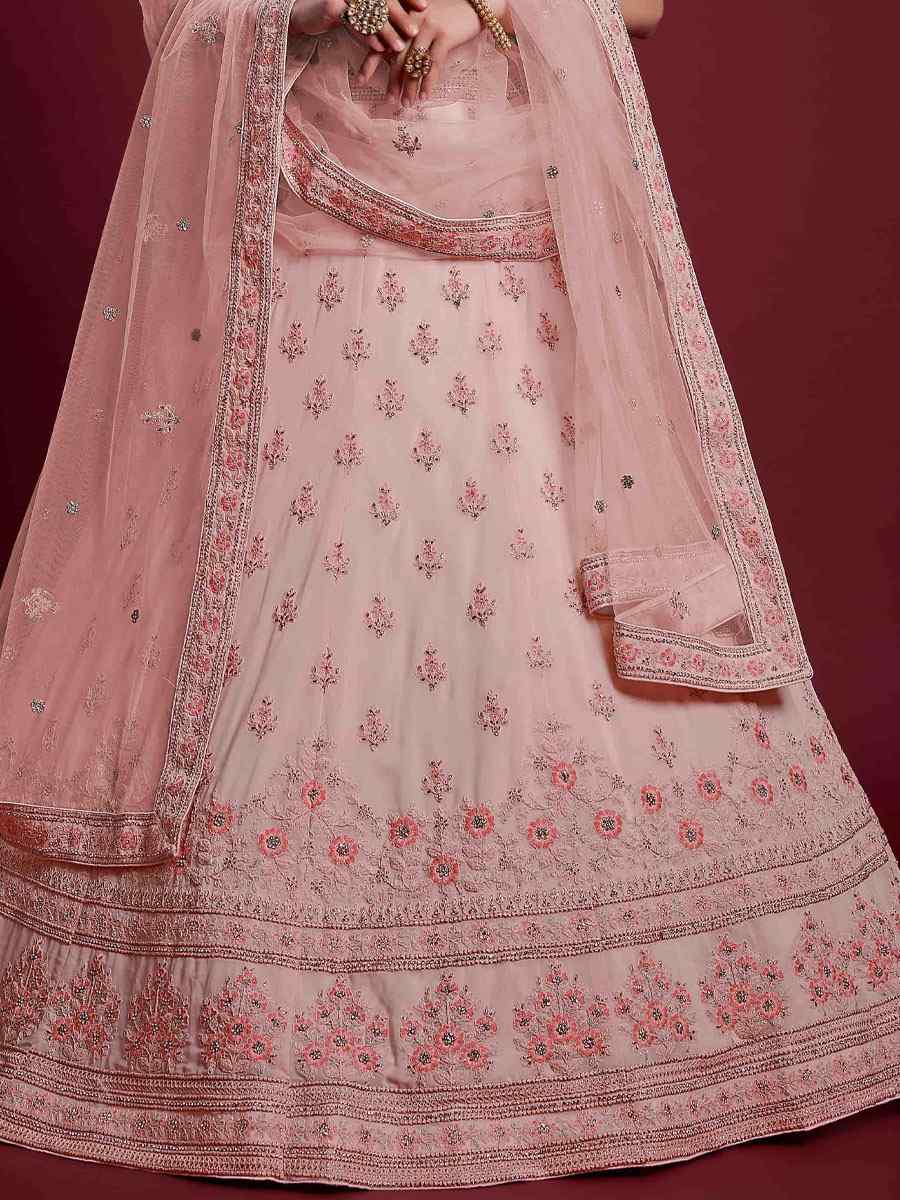 Peach Georgette Embroidered Bridal Wedding Heavy Border Lehenga Choli
