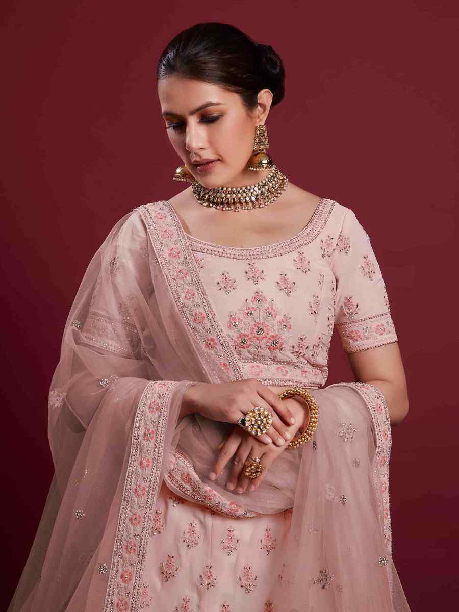 Peach Georgette Embroidered Bridal Wedding Heavy Border Lehenga Choli