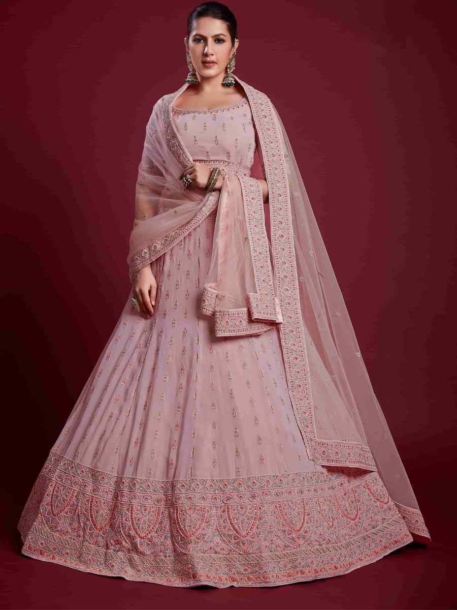 Peach Georgette Embroidered Bridal Wedding Heavy Border Lehenga Choli