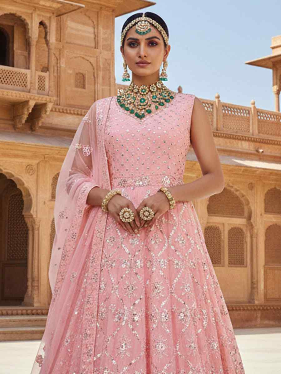 Peach Georgette Embroidered Bridal Wedding Reception Festival Heavy Border Lehenga Choli