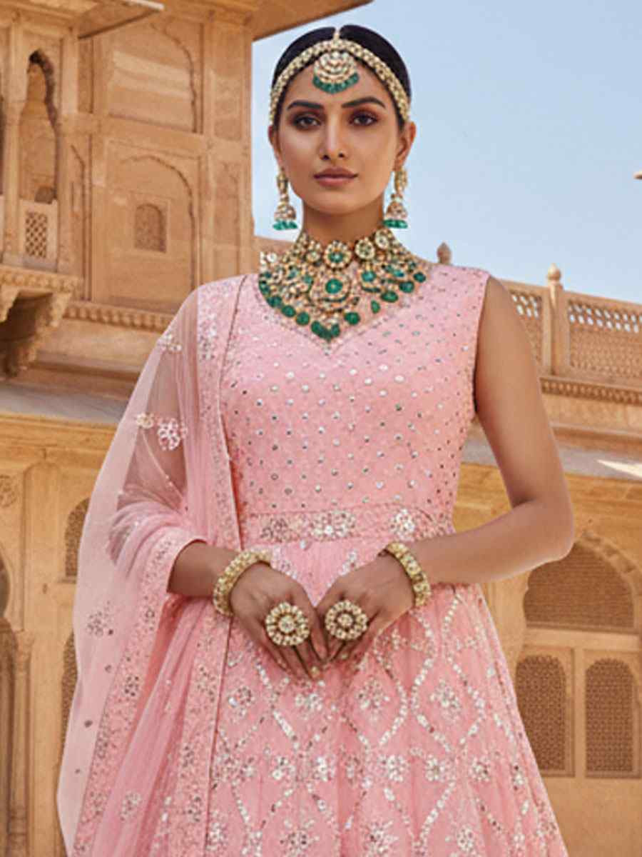 Peach Georgette Embroidered Bridal Wedding Reception Festival Heavy Border Lehenga Choli