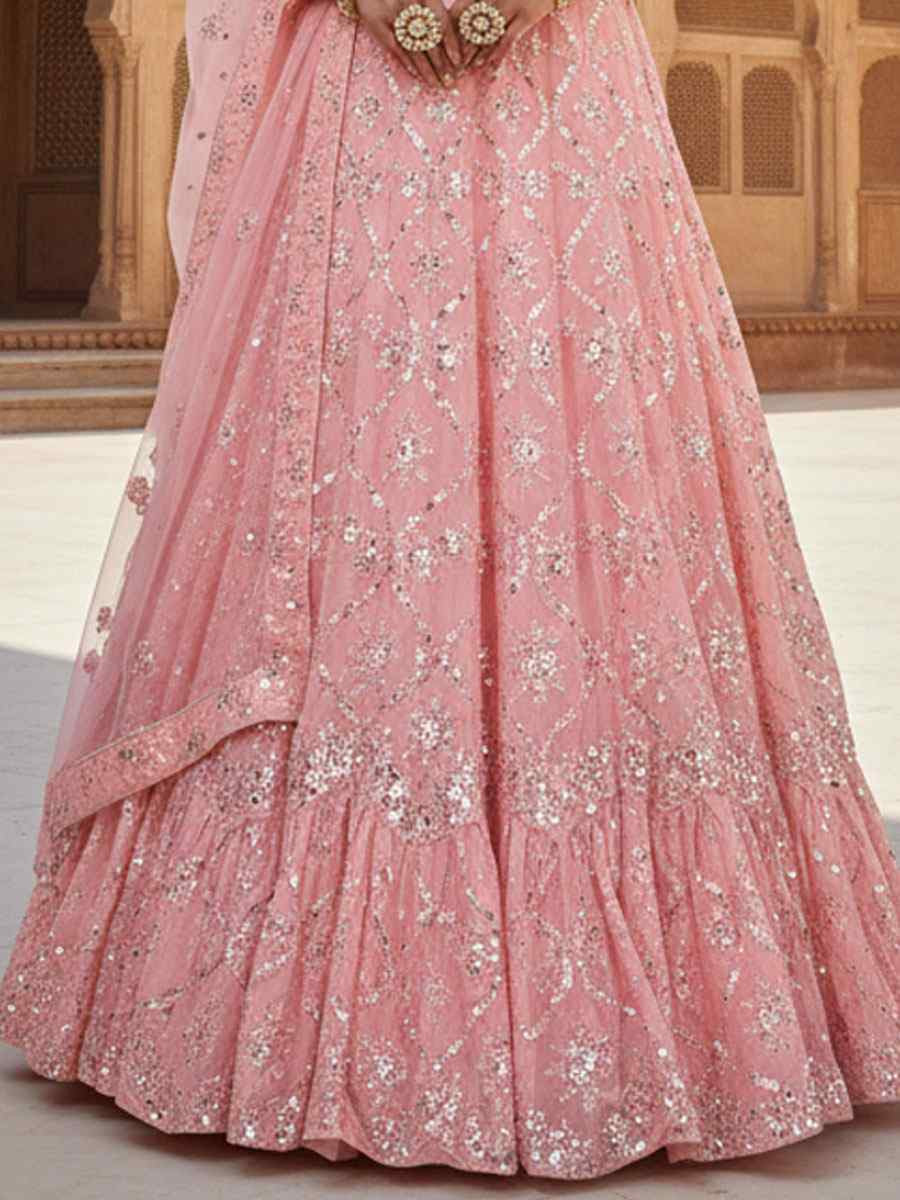 Peach Georgette Embroidered Bridal Wedding Reception Festival Heavy Border Lehenga Choli